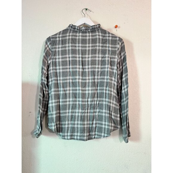 Cloth & Stone Anthropologie Gray Plaid Long Sleeve Ruffle Collar V-Neck Top XS - Picture 3 of 7